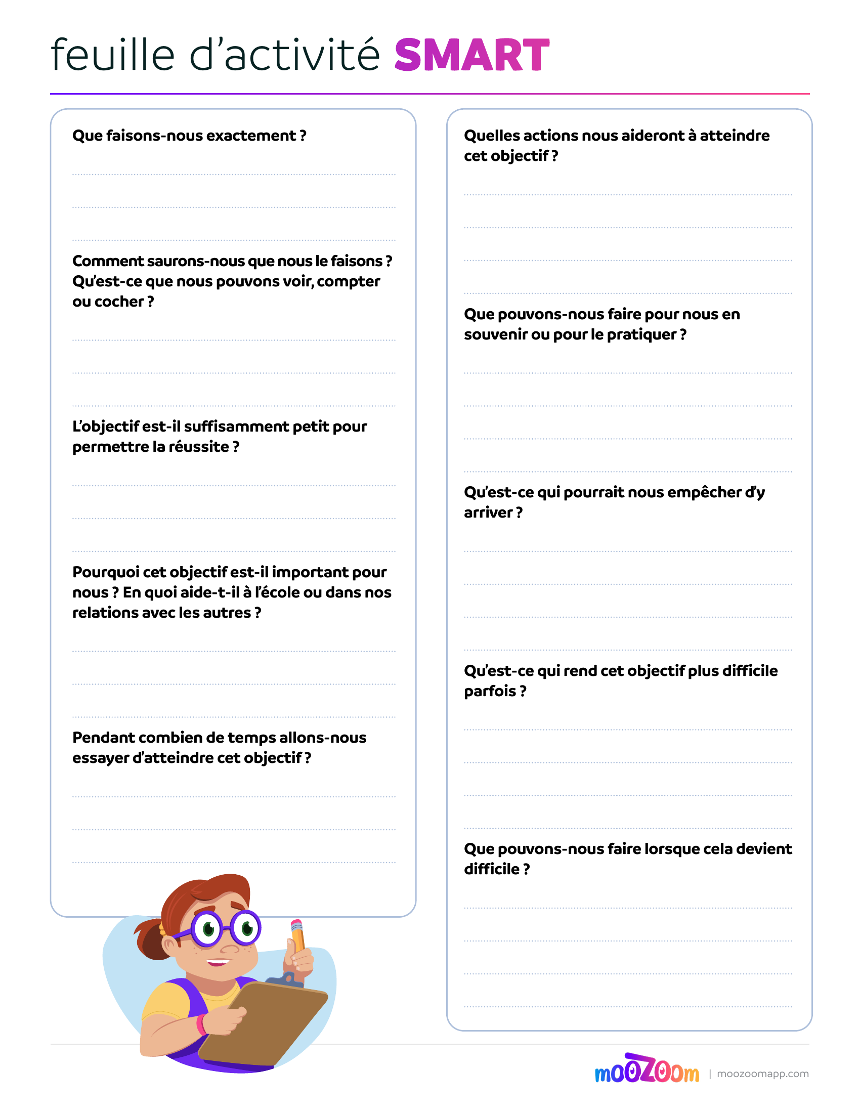 Fiche d’objectif SMART : une feuille imprimable à deux colonnes destinée à l’élève, avec des questions pour des objectifs Spécifiques, Mesurables, Atteignables, Réalistes et Temporels.
