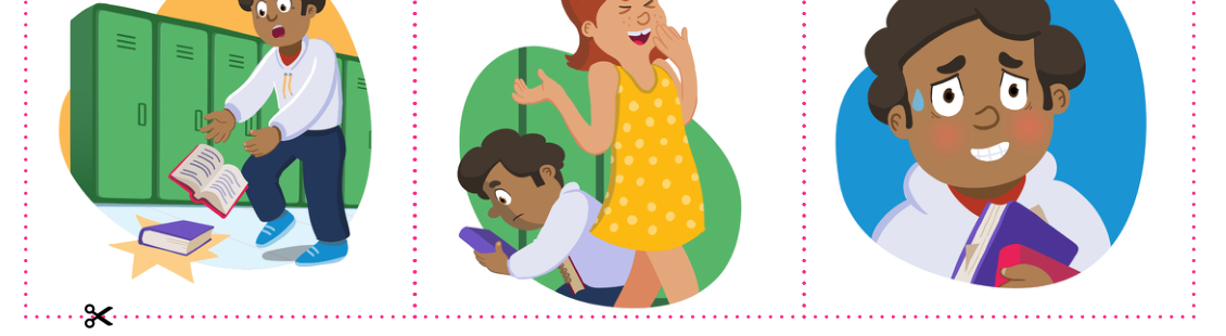 Trois cases illustrées montrant un comportement inattendu : un élève échappe ses livres, un pair se moque, l’élève reste contrarié.