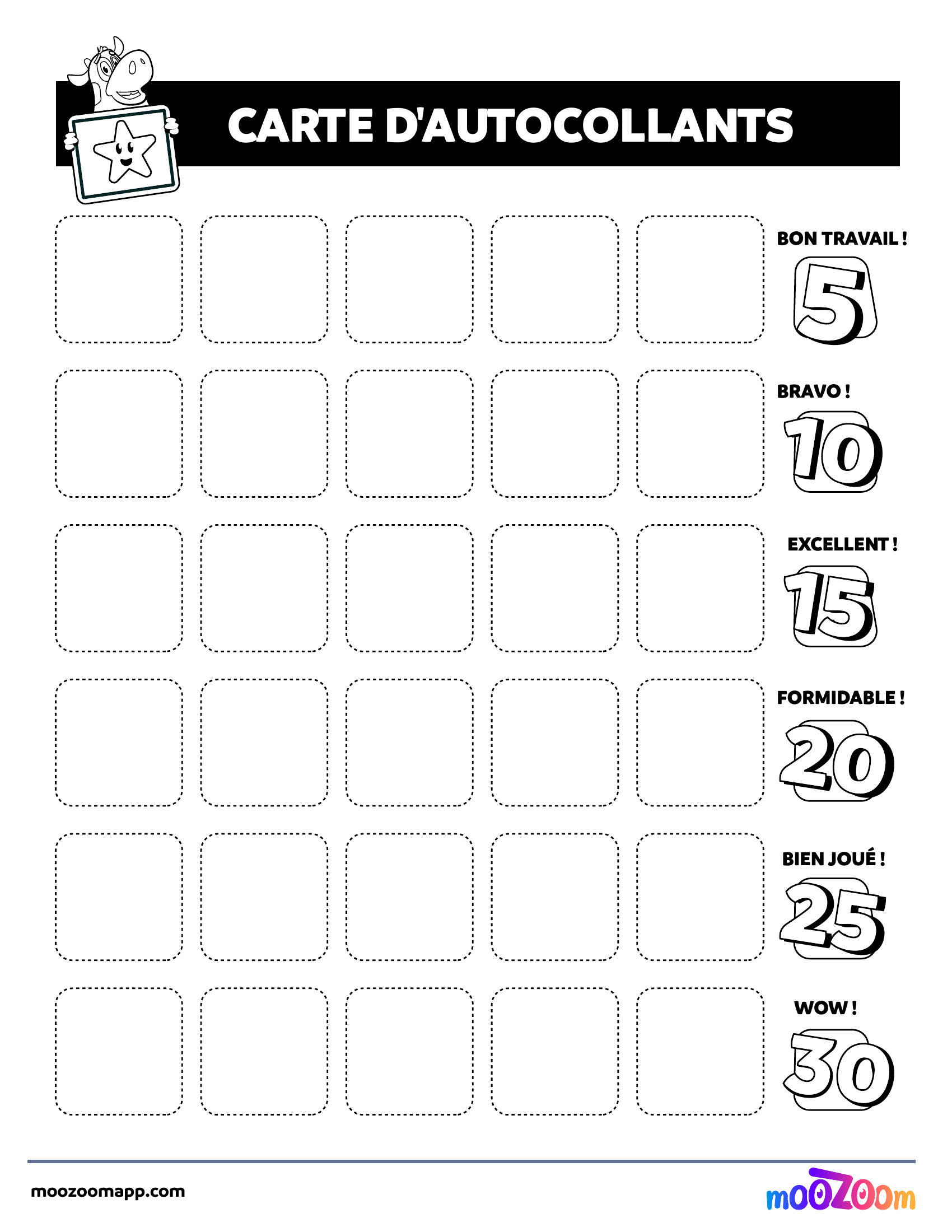 Carte d’autocollants pour le suivi des comportements, avec les paliers de récompense Bon travail (5), Bravo (10), Excellent (15), Formidable (20), Bien joué (25) et Wow (30).
